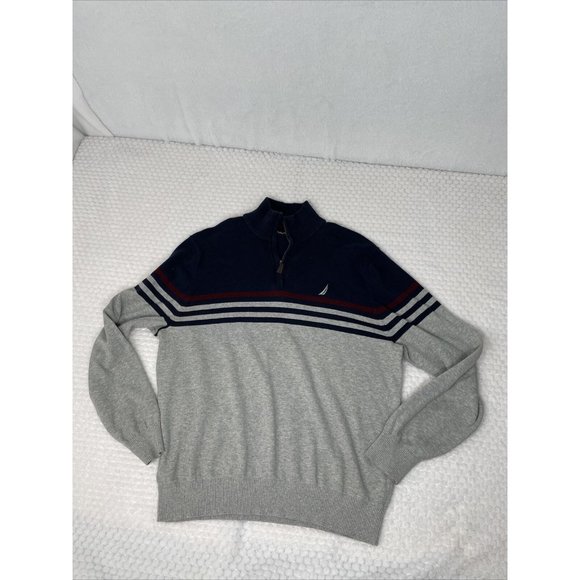 Nautica Men's  Large 1/4 Zip Knit Sweatshirt Gray Navy Stripe Logo - Picture 1 of 6